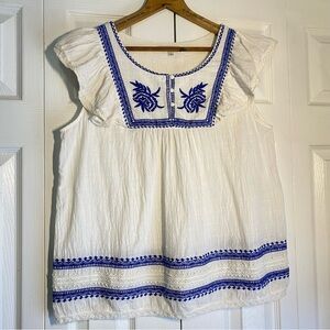 See and Be Seen Embroidered White and Blue Women's Blouse Flutter Sleeves Cotton